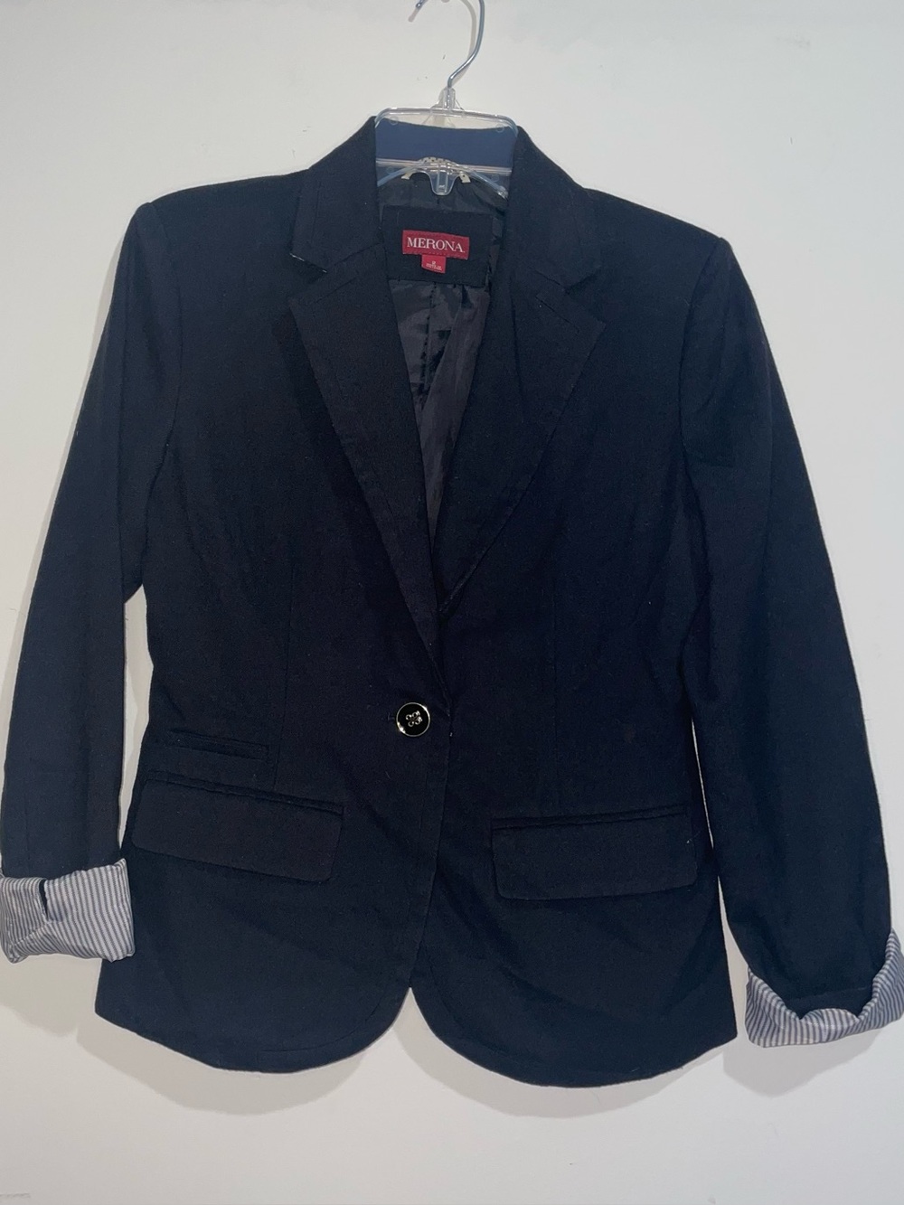 Merona Pinstripe Inner Sleeve Black 2 One Button Blazer Elegant Old Money